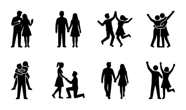 Romantic couple silhouettes set, 8 black vector icons of lovers in various poses, wedding proposal and relationship concept elements for design