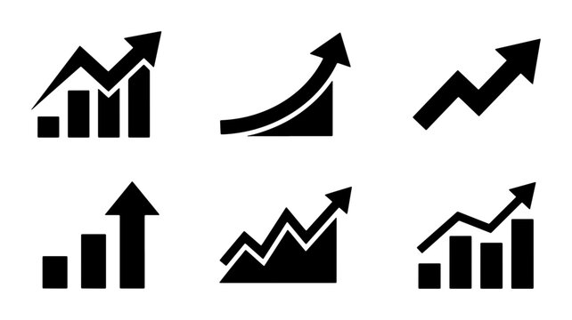 Business growth chart icon set, financial success bar graph with upward arrow, 6 black vector symbols for corporate data analysis and market profit