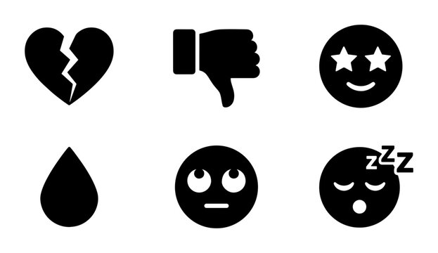Minimalist social media emoji icons set, black solid vector emoticons for UI design, 6 expressive reaction symbols including broken heart and dislike