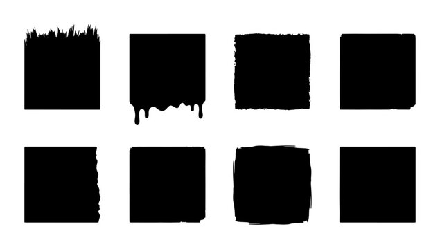 Grunge black square brush strokes set, 8 distressed ink box frames, textured paint splatter borders, rough hand drawn vector elements for graphic design