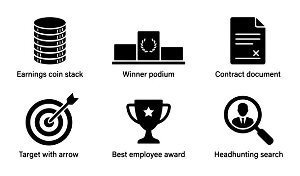 Business success icons set, earnings coin stack and winner podium symbols, contract document and target with arrow, 6 black vector elements