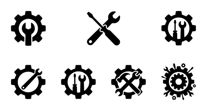 Industrial gear and tool icons set, black mechanical repair symbols, 7 vector elements for maintenance and engineering services