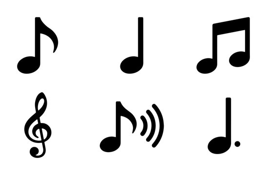 Minimalist black music notes icon set, musical notation symbols collection, flat vector treble clef and eighth note graphics for audio design