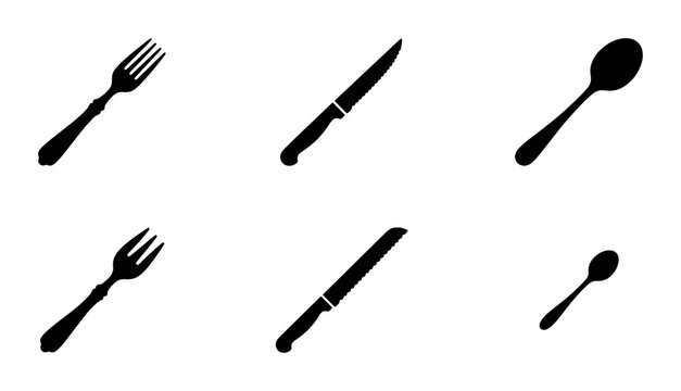 Minimalist cutlery silhouette icons, set of 6 black kitchen utensils, flat vector fork knife and spoon symbols for restaurant menu design