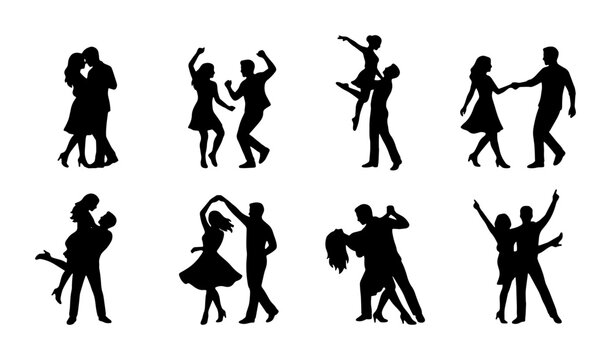 Dancing couple silhouettes set, romantic ballroom and swing dance partners, black vector figures of people dancing together, 8 pairs collection