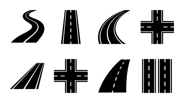 Road map icons set with 8 black vector elements, asphalt highway symbols with winding paths and intersections, street navigation signs for logistics