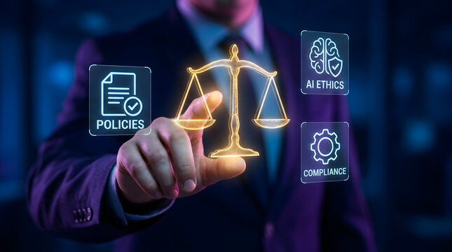 Business professional interacting with futuristic holographic interface showing scales of justice ai ethics and compliance.