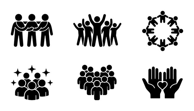 Community and teamwork icon set, black stick figure people group symbols, 6 vector elements for business collaboration and social unity