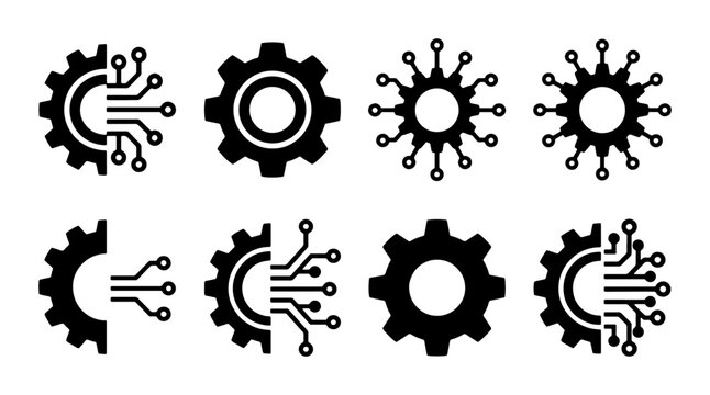 Industrial gear and circuit board icons set, digital technology cogwheel symbols, 8 black vector elements for automation and engineering logos