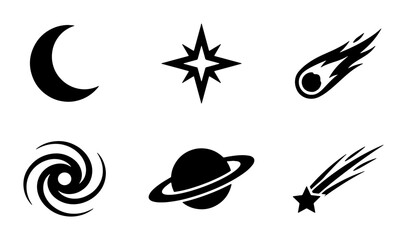 Minimalist space icons set, black celestial vector symbols, collection of 6 astronomy elements including moon and planets for web design © Farzana