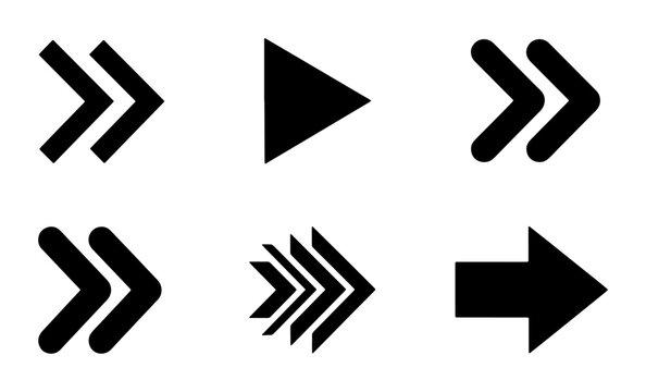 Minimalist black arrow icon set, 6 vector navigation symbols, modern directional pointers for web design, geometric chevron and play button elements