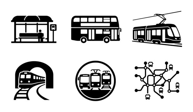 Public transportation icon set, black vector silhouettes of bus stop and double decker, subway train and tram symbols, urban transit map graphics