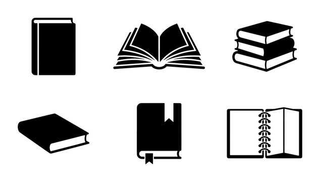 Minimalist book icons set, black silhouette library symbols, collection of 6 vector book illustrations for education and literature design