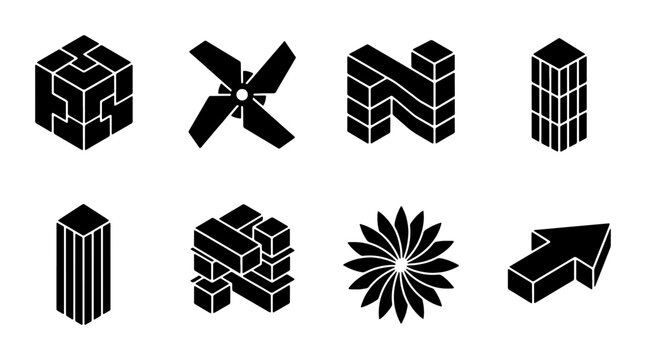 Minimalist geometric logo icons set, 8 black isometric vector symbols, abstract 3D architectural shapes and construction elements for corporate branding