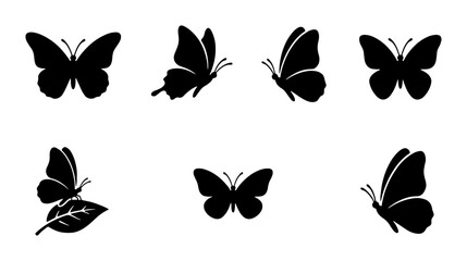 Black butterfly silhouette set, collection of 7 elegant insect icons, minimalist flying butterfly vector shapes for logo design and spring decor © Roksana