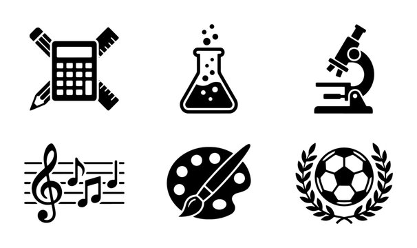 School subject icons set, black minimalist education symbols for science and art, 6 academic vector icons including math and music