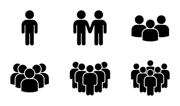 Minimalist people icon set, black silhouette human figures and group avatars, collection of 6 vector icons for community and team representation