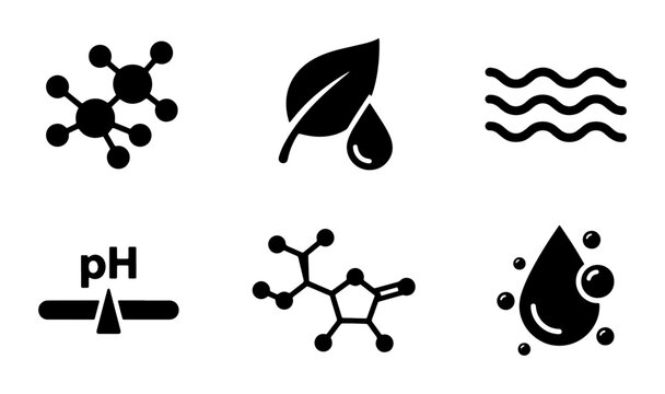 Scientific chemistry icons set, black molecule and pH level symbols, organic leaf and water drop vector elements for laboratory research and skincare