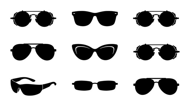 Vintage sunglasses silhouette set, 9 black eyewear icons including aviator and cat eye styles, retro sun glasses vector collection for fashion design
