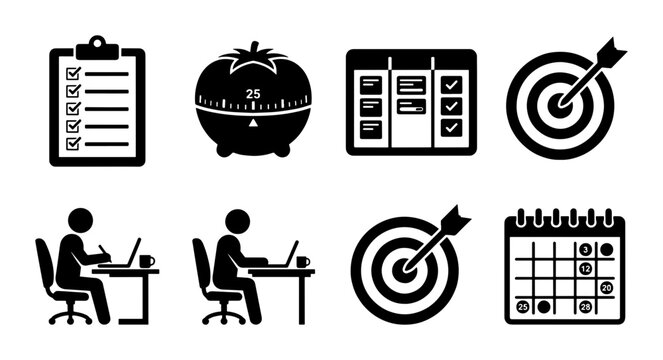 Productivity and time management icons set, black pomodoro timer and task planning symbols, business workflow and goal achievement vector elements