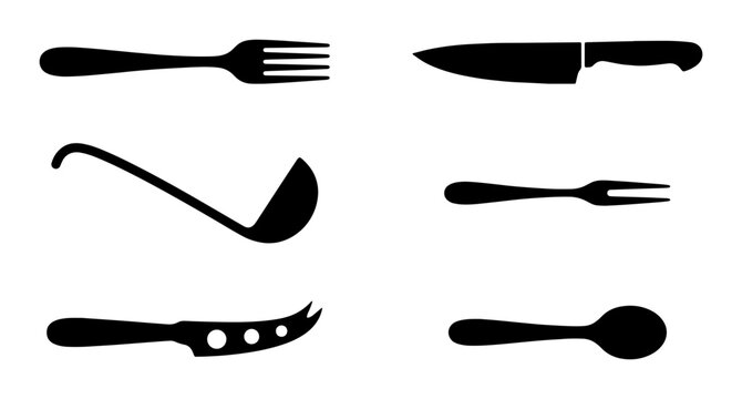 Black kitchen cutlery silhouettes, set of 6 cooking utensil icons, minimalist restaurant silverware and chef tools vector collection for menu design