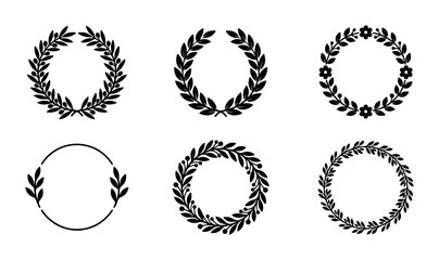 Obraz premium Laurel wreath vector set, black circular olive branch frames, 6 heraldic foliage crown icons, elegant floral border elements for awards and weddings