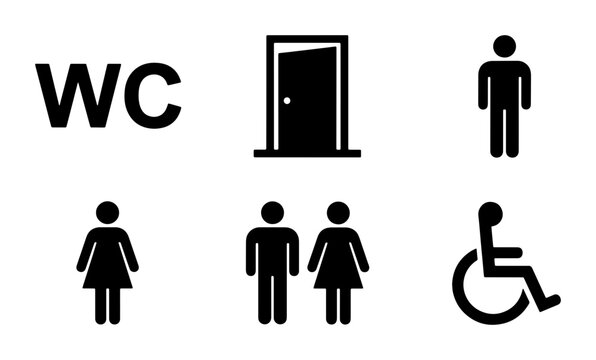 Restroom and WC icon set, black toilet signage symbols for men and women, handicapped accessibility and door vector icons for public facilities