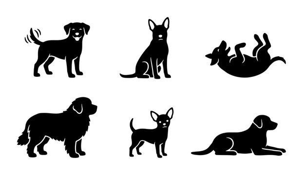 Minimalist dog silhouettes collection, set of 6 black canine vector icons, various dog breeds in different poses, flat pet animal graphics