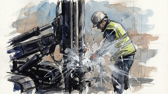 A watercolor sketch of a worker in safety gear operating a drilling rig. This represents professional termite barrier installation or soil treatment. Ideal for pest control service marketing.