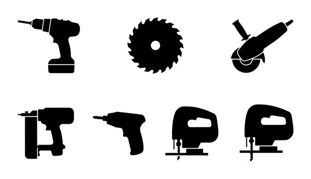 Industrial power tools silhouette collection, professional construction equipment icons, black electric carpentry tool set for workshop and DIY projects