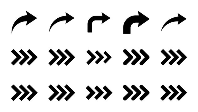 Black arrow icon set, minimalist directional pointer collection, curved navigation symbols and triple chevron vector elements for web design