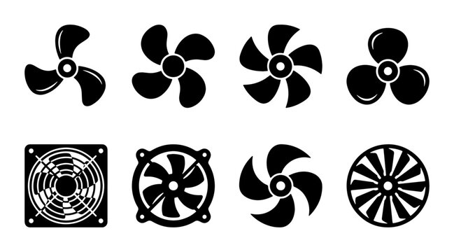 Industrial fan propeller icons, set of 8 black vector silhouettes, mechanical ventilation and cooling system blades for engineering and HVAC design