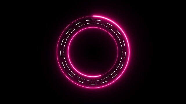 Animated neon pink ring with dashed lines on black background, abstract tech circle
