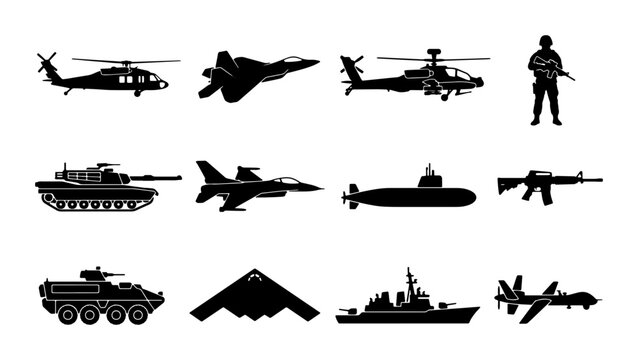 Military vehicle silhouettes set, 12 army icons including tanks and fighter jets, black war equipment vector graphics for tactical design