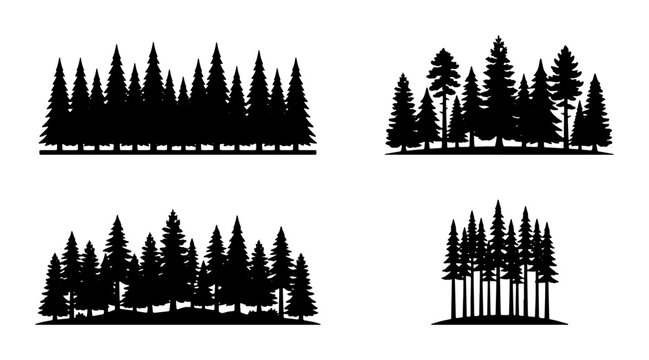 Pine forest silhouette vector set, black evergreen tree landscape icons, coniferous woodland timber graphics, minimalist nature wilderness elements