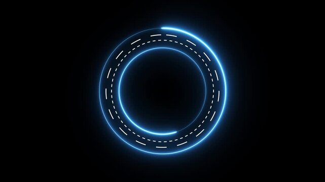 Futuristic neon blue circular hud with animated dashes on black background, abstract animation circle