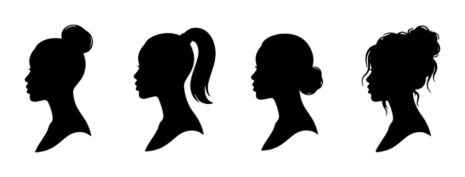 Minimalist woman profile silhouette set, female head side view with various hairstyles, black vector icons for beauty and hair salon branding