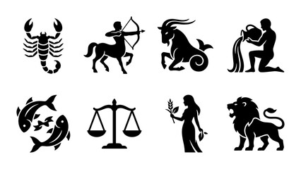 Zodiac signs black silhouette icons set, astrology horoscope symbols collection, mystical celestial vector illustrations for fortune telling and tarot © Ziaur