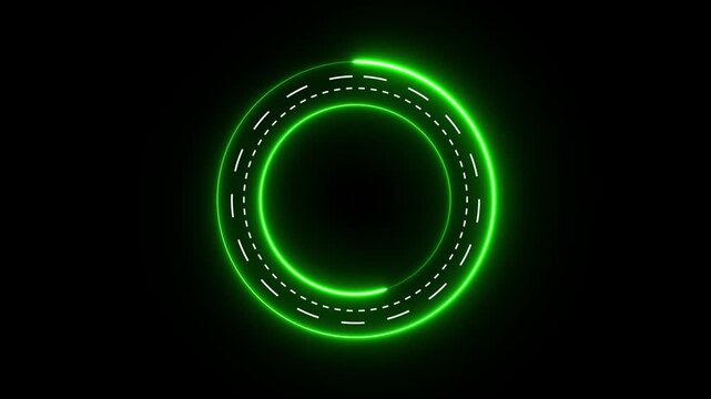 Neon green circular hud with animated dashed lines on black background, circle ring