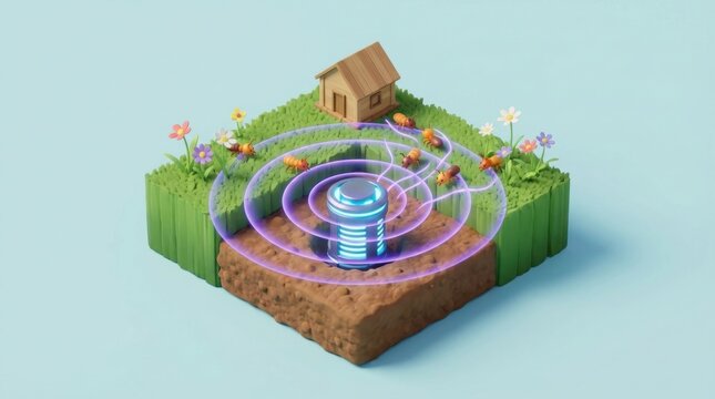 Isometric garden section with electronic pest repeller device. Modern technology protecting backyard from ants using sound waves. Use for pest control services or gardening equipment ads.