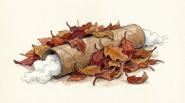 Watercolor illustration of a tick tube filled with cotton among autumn leaves. It represents an eco-friendly method to control ticks in the yard. Suitable for gardening and pest control articles.