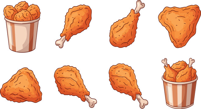 Crispy fried chicken drumstick leg and bucket cartoon illustration set with golden brown crunchy coating on white background