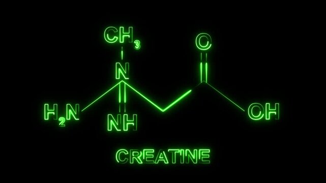 Animation of neon carbon and oxygen atoms concept. Formula of creatine showing atoms concept.