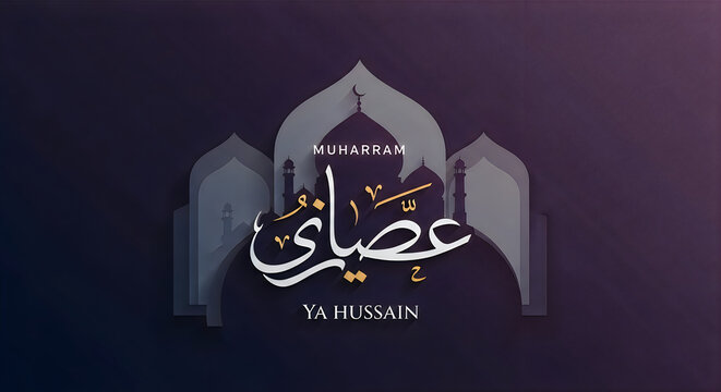 Muharram ya hussain islamic calligraphy design with mosque silhouette