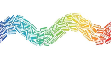 A colorful vector illustration depicts a wave-shaped collection of book icons, symbolizing design and publishing, set against a clean white background with a vibrant and educational theme
