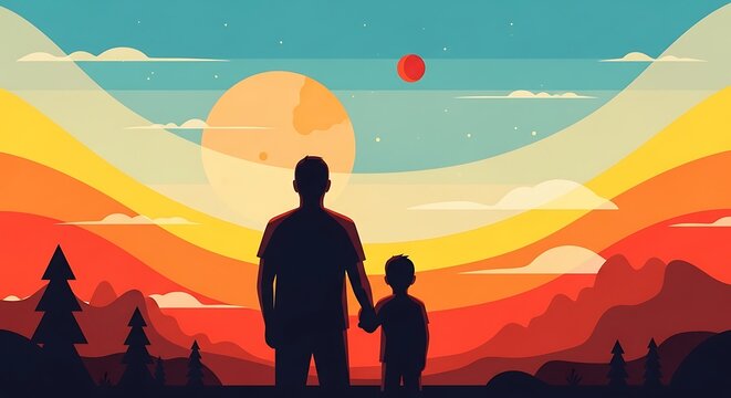 Heartwarming father's day illustration father and son silhouettes enjoying a sunset