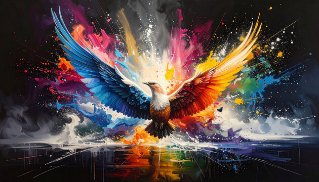 Colorful abstract eagle with spread wings against dark background