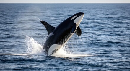 Obraz premium A majestic orca whale jumping out of the ocean water in a stunning display of power and agility