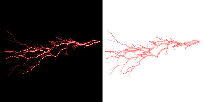 Intense red lightning bolt with intricate branches on a black background, and a white, background, electrical energy isolated on a transparent background