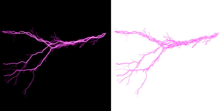 Vibrant pink lightning strike on black background, and pixelated pink, lightning on white, background, electrical isolated on a transparent background